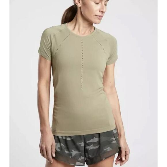 ATHLETA Foothill Tee Top Olive Green Laser Cut Wicking‎ Short Sleeve Medium - Picture 1 of 9